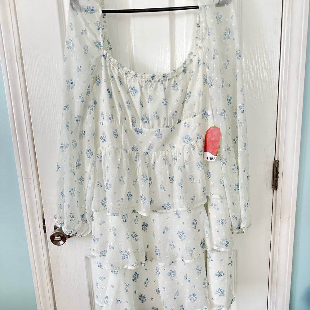 Floral White and Blue Tiered Dress